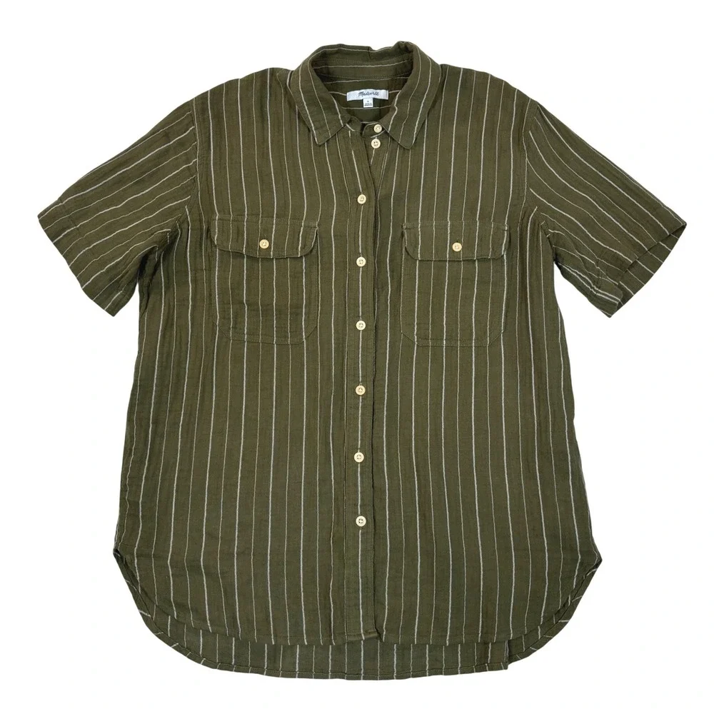 Madewell Lightspun Flap-Pocket Olive Green Striped Button Front Oversize Shirt S - Picture 1 of 8